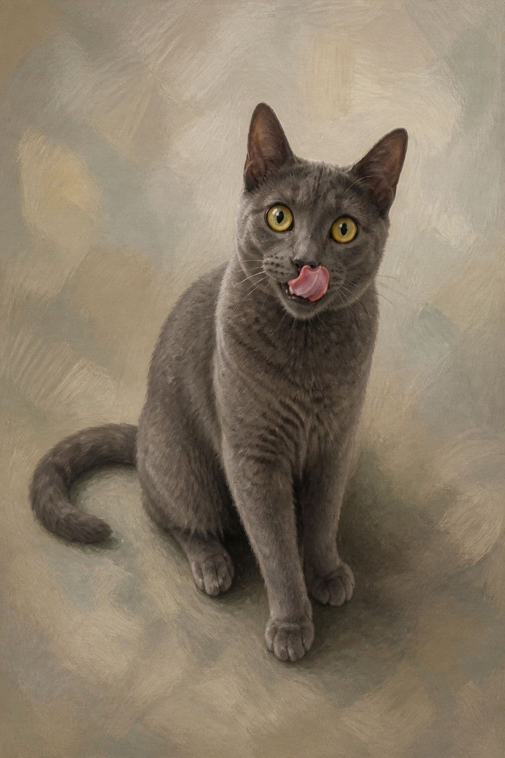 Digital preview of Cobble sitting with tongue out against a soft painted backdrop