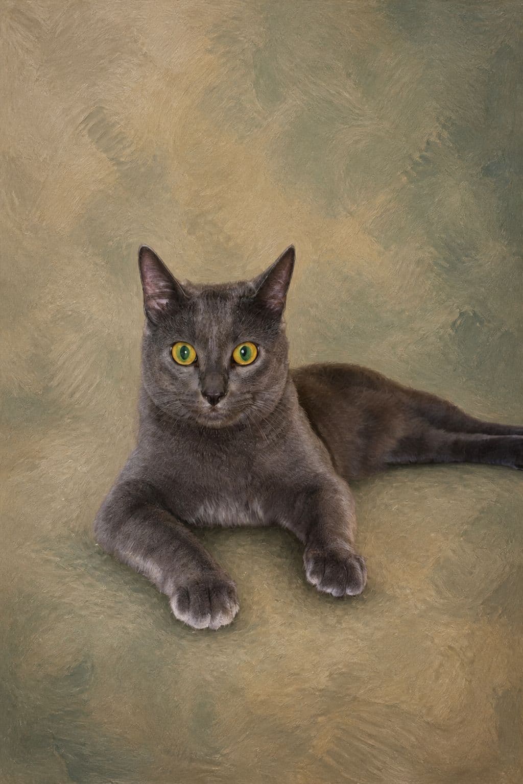 Digital preview of Cobble lying down, with the room replaced by a soft linen and sage painted background